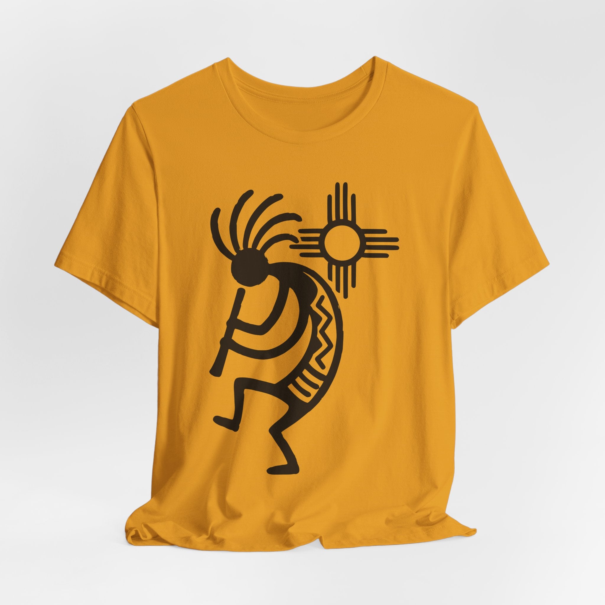 Kokopelli Zia Sun T-Shirt in Heather True Royal detail - Native Southwest art funny tee, Barely Outdoorsy