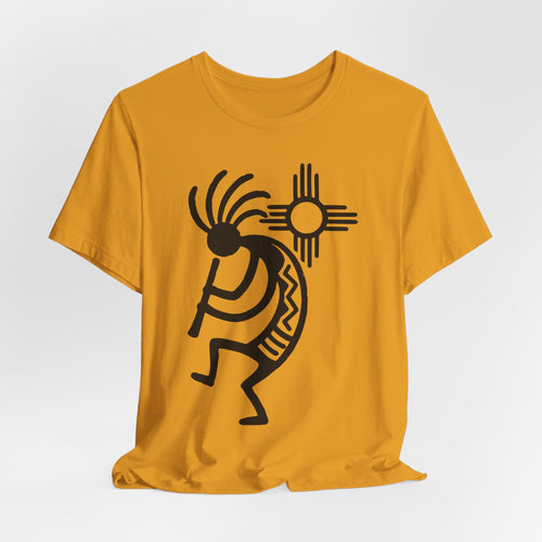 Kokopelli Zia Sun T-Shirt in Heather True Royal detail - Native Southwest art funny tee, Barely Outdoorsy