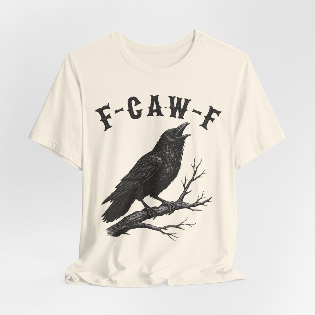 F-CAW-F Crow Tee in Heather True Royal - funny crow gothic blackletter shirt, Barely Outdoorsy
