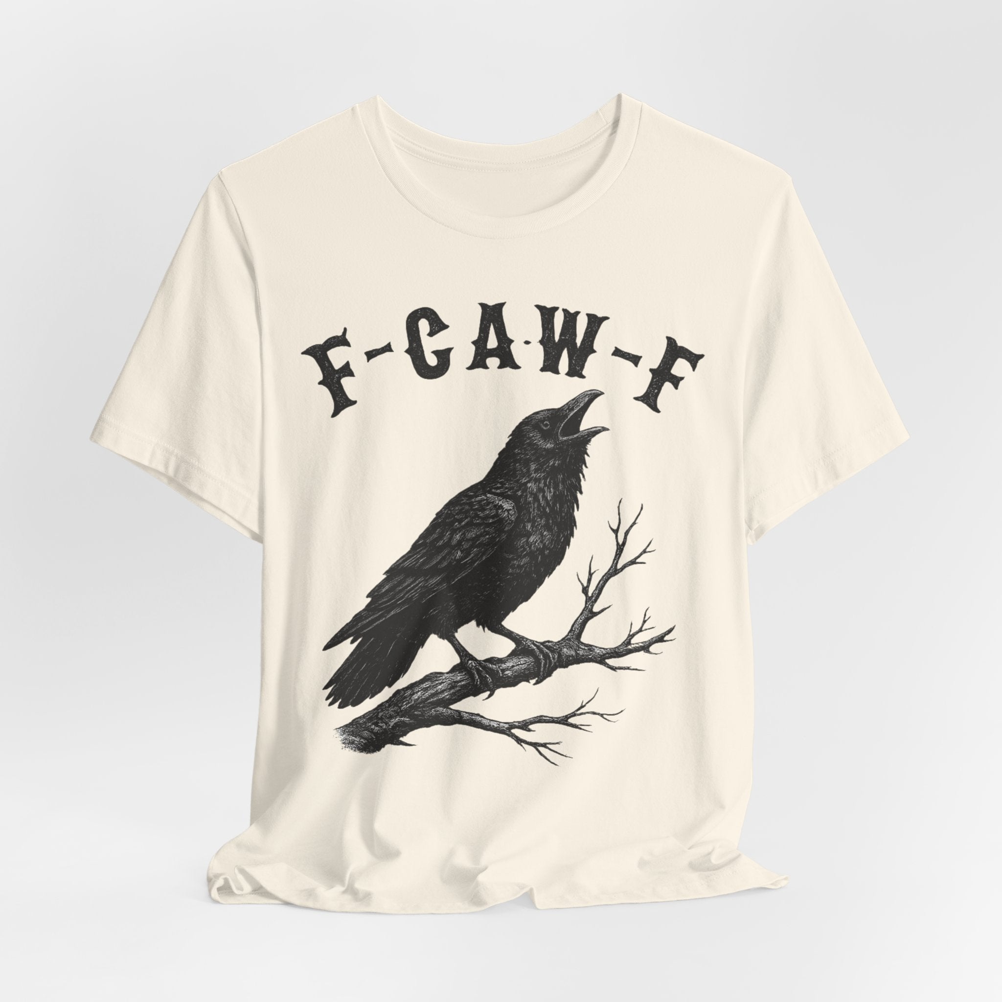 F-CAW-F Crow Tee in Heather True Royal - funny crow gothic blackletter shirt, Barely Outdoorsy