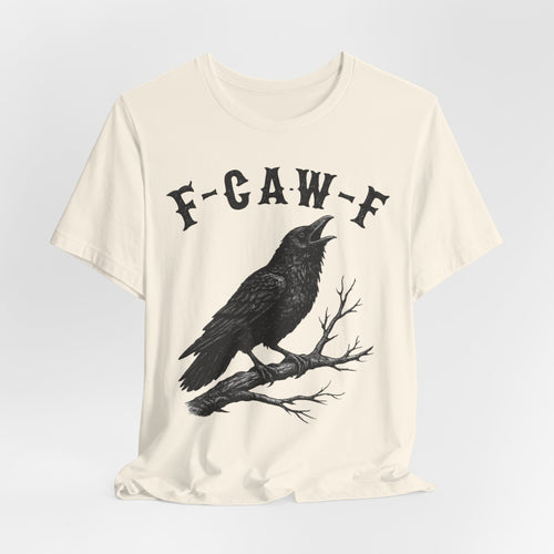 F-CAW-F Crow Tee in Heather True Royal - funny crow gothic blackletter shirt, Barely Outdoorsy