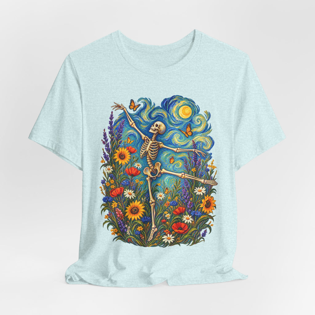 Starry Night Dancing Skeleton Wildflower T-Shirt in Dark Grey Heather - Van Gogh skeleton wildflower boho graphic tee, Barely Outdoorsy Bella Canvas 3001