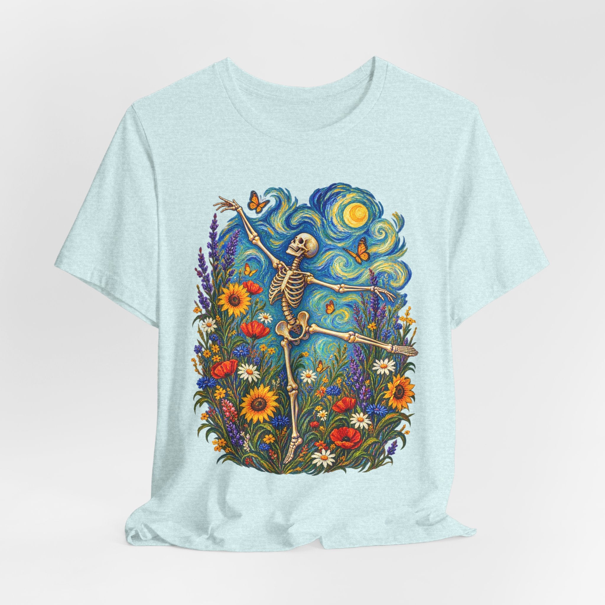 Starry Night Dancing Skeleton Wildflower T-Shirt in Dark Grey Heather - Van Gogh skeleton wildflower boho graphic tee, Barely Outdoorsy Bella Canvas 3001