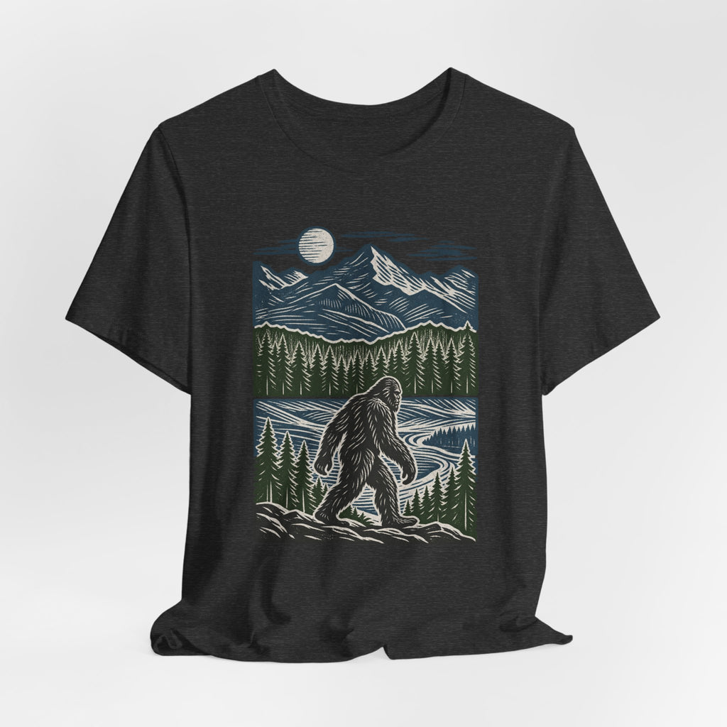 Bigfoot Mountain River T-Shirt flat lay Dark Grey Heather - unisex crew neck Bigfoot river graphic tee, Barely Outdoorsy