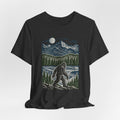 Bigfoot Mountain River T-Shirt flat lay Dark Grey Heather - unisex crew neck Bigfoot river graphic tee, Barely Outdoorsy