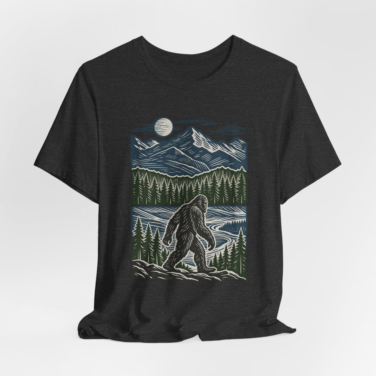 Bigfoot Mountain River T-Shirt flat lay Dark Grey Heather - unisex crew neck Bigfoot river graphic tee, Barely Outdoorsy