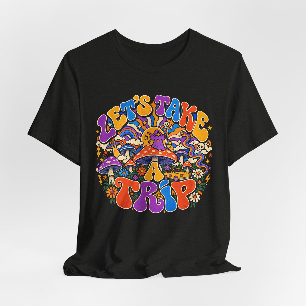 Let's Take a Trip Retro T-Shirt in Heather Maroon - psychedelic retro toadstool road trip tee, Barely Outdoorsy