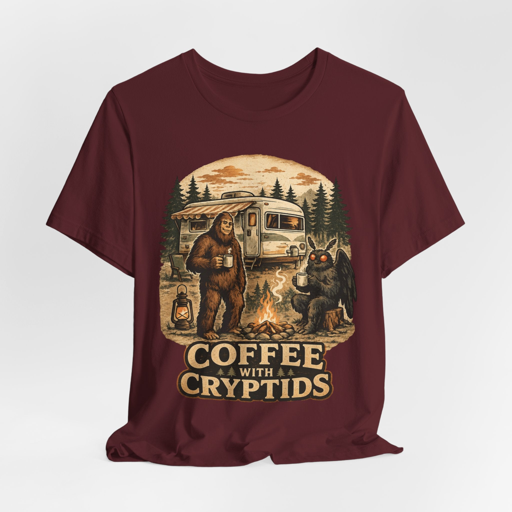 Coffee With Cryptids T-Shirt in Heather Peach - Bigfoot Mothman Chupacabra UFO coffee graphic tee, Barely Outdoorsy