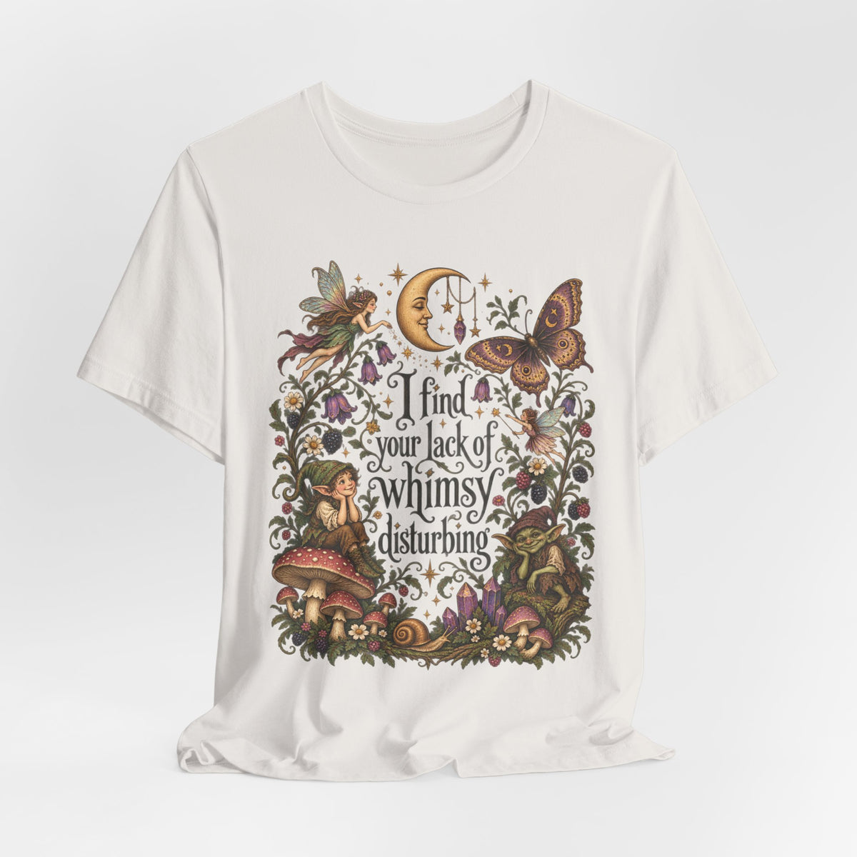 I Find Your Lack of Whimsy Disturbing T-Shirt in Heather Green - funny whimsy disturbing humor graphic tee, Barely Outdoorsy Bella Canvas 3001
