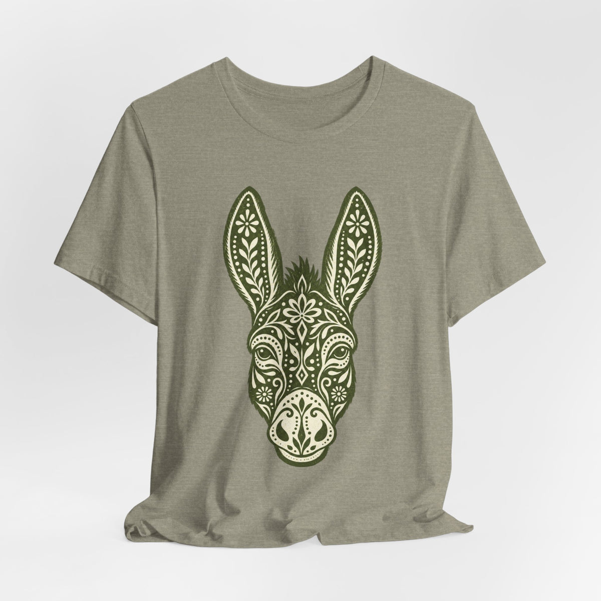 Ornamental Folk Art Donkey T-Shirt in Heather Green - funny folk art ornamental donkey wildlife graphic tee, Barely Outdoorsy