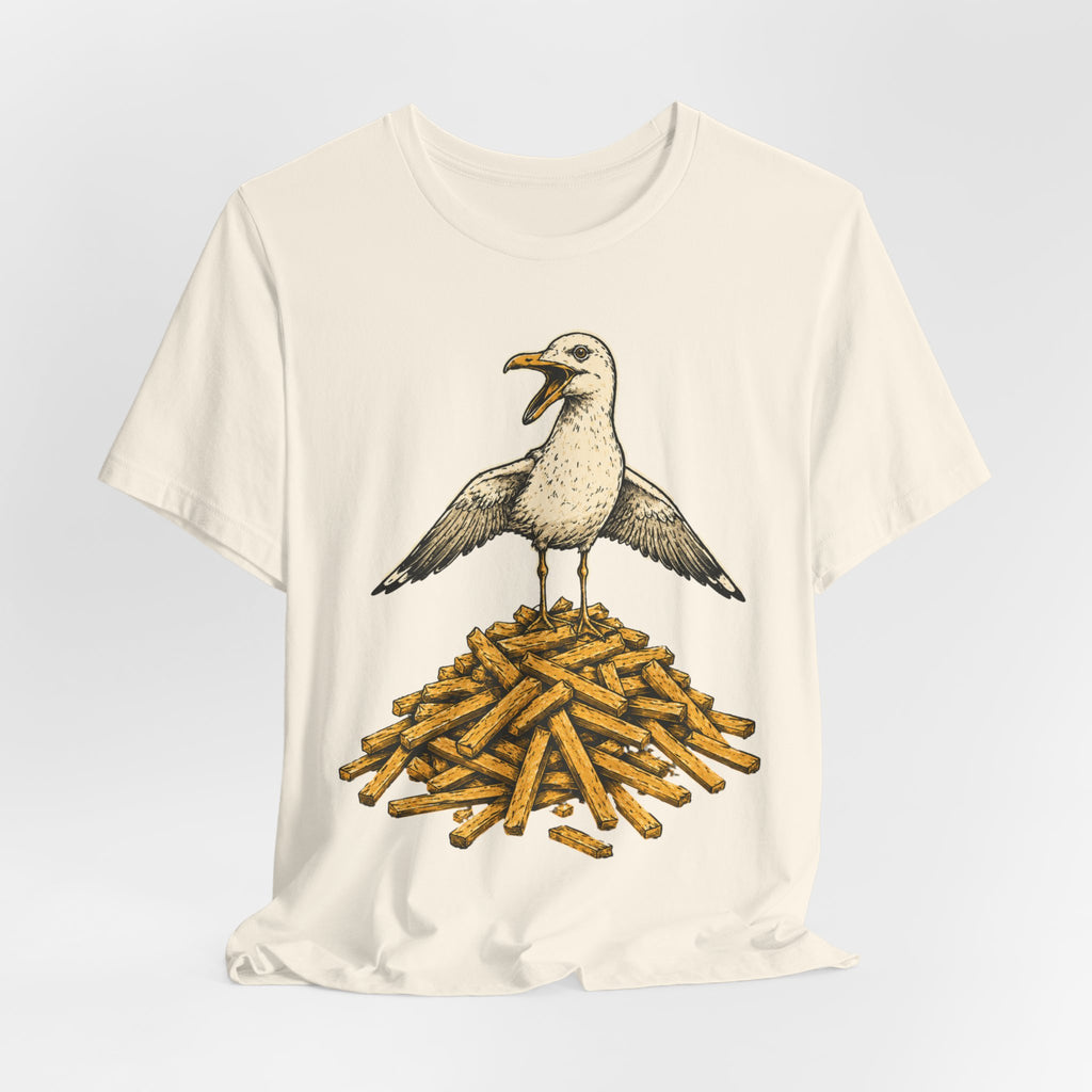 Seagull French Fry Mountain Tee in Heather Peach - funny seagull french fry humor shirt, Barely Outdoorsy