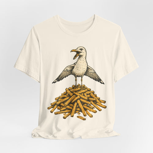 Seagull French Fry Mountain Tee in Heather Peach - funny seagull french fry humor shirt, Barely Outdoorsy