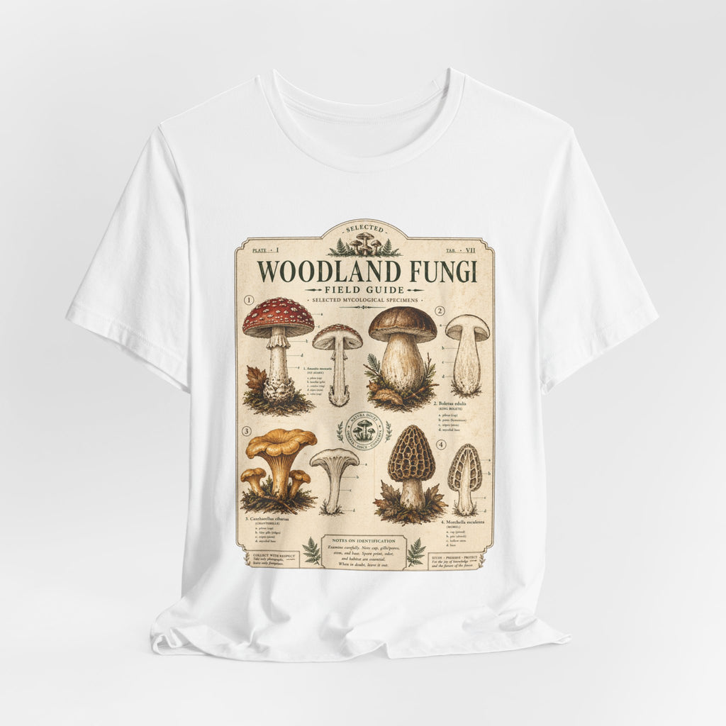 Woodland Fungi Field Guide T-Shirt in Navy - mushroom field guide illustration humor tee, Barely Outdoorsy