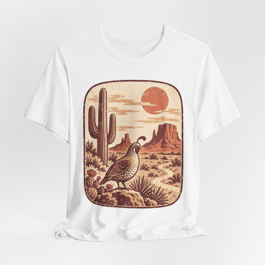 Gambel's Quail Desert Sunset T-Shirt in Heather Ice Blue - Southwest quail birding graphic tee, Barely Outdoorsy
