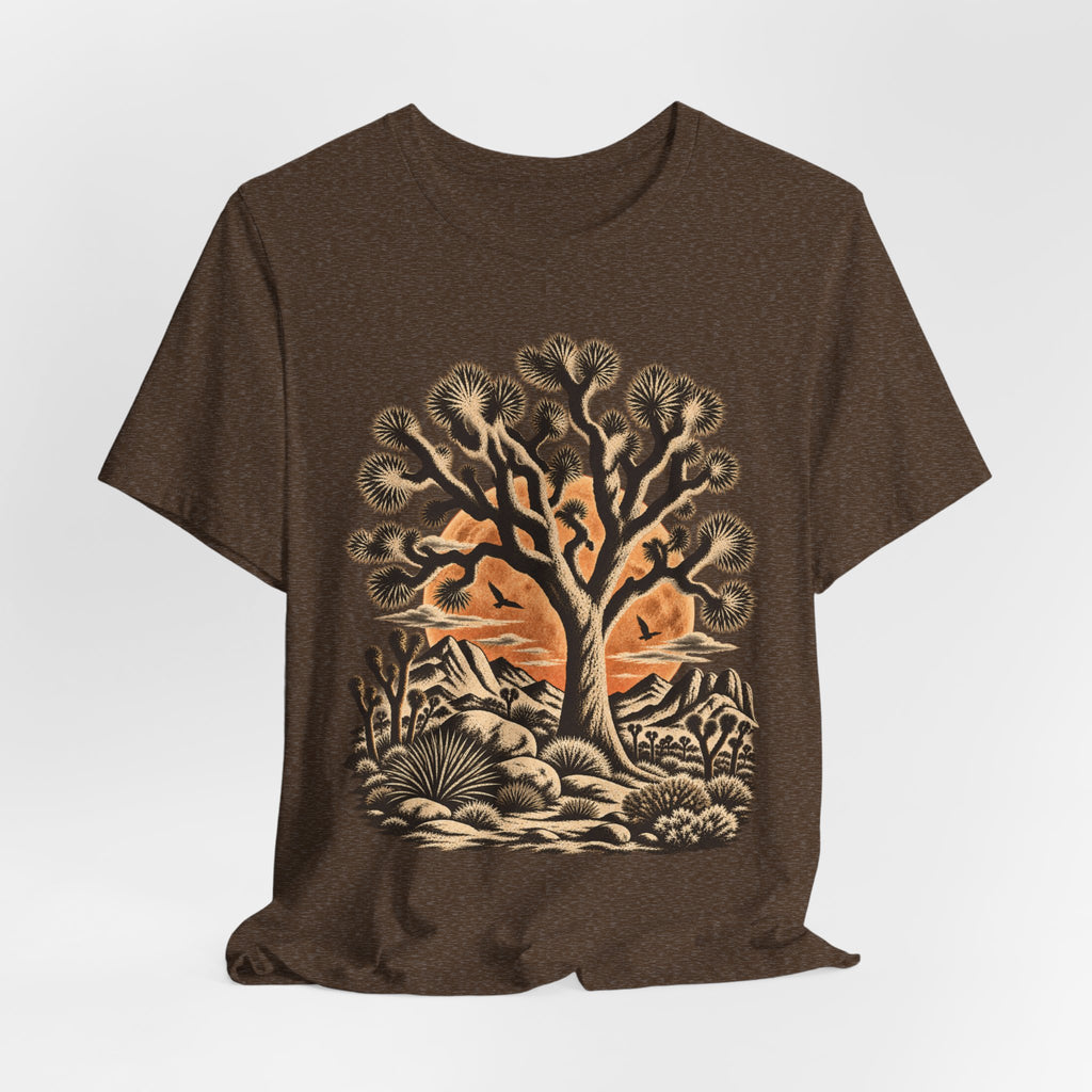 Joshua Tree Desert Sunset T-Shirt in Heather Maroon - California Joshua tree desert graphic tee, Barely Outdoorsy