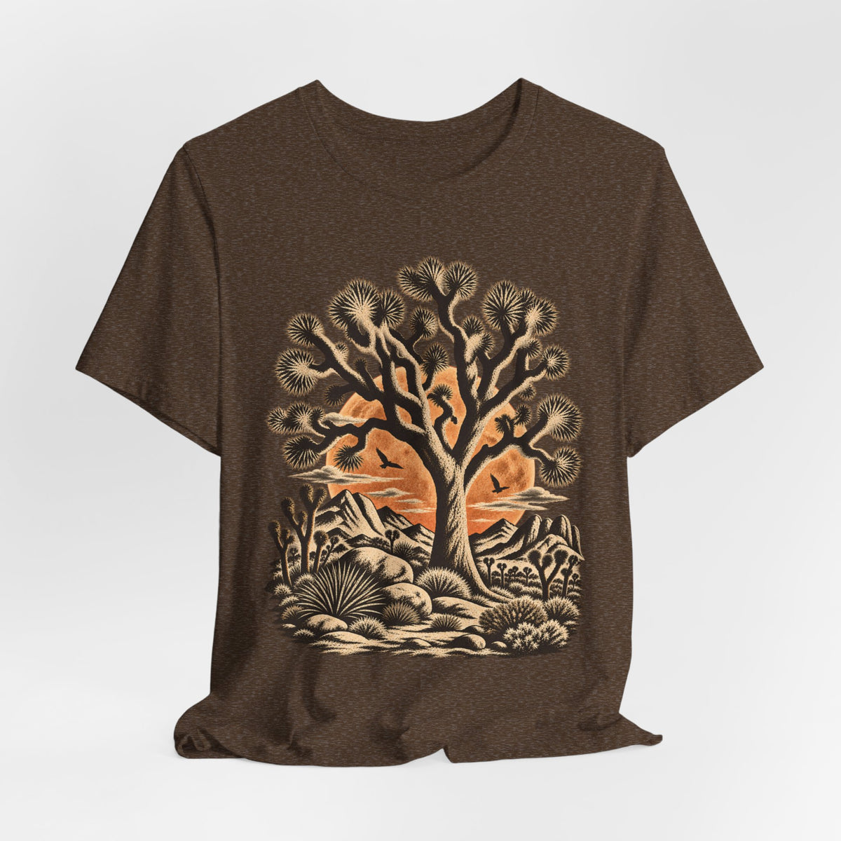 Joshua Tree Desert Sunset T-Shirt in Heather Maroon - California Joshua tree desert graphic tee, Barely Outdoorsy