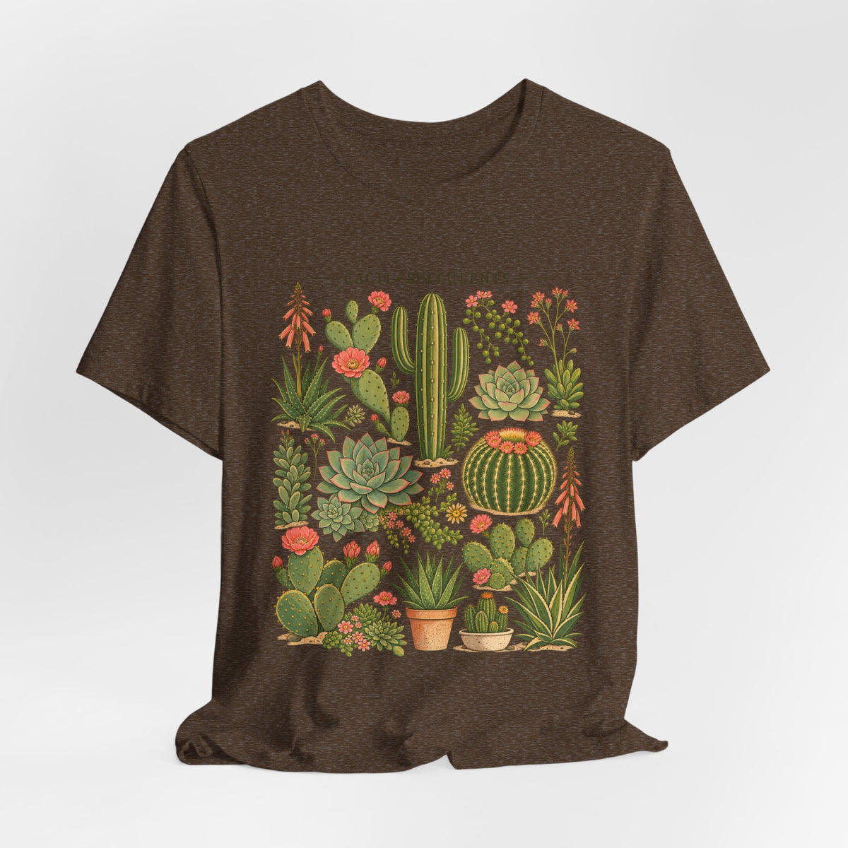 Cacti and Succulents Botanical T-Shirt in Heather Stone - botanical cacti succulents desert plant graphic tee, Barely Outdoorsy