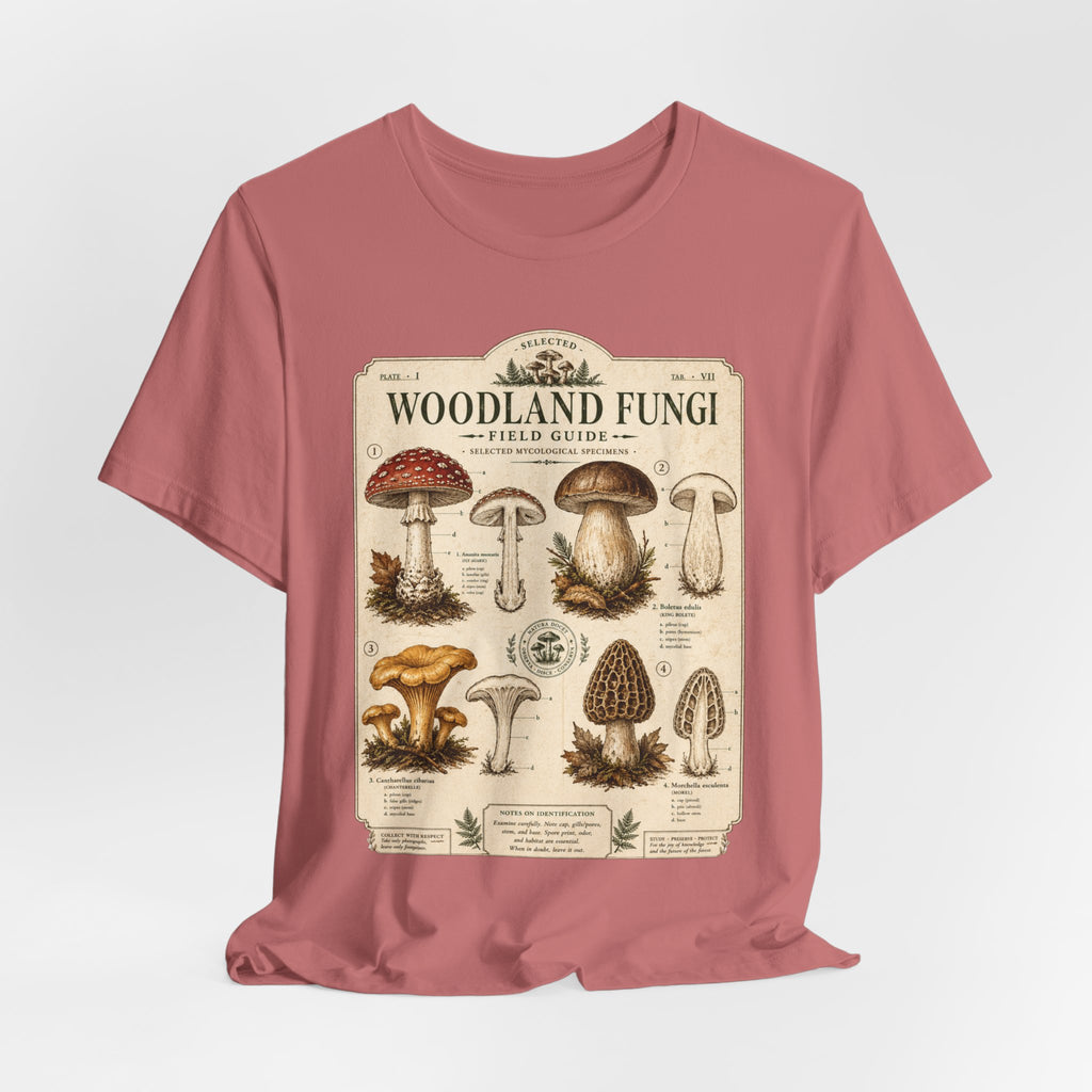 Woodland Fungi Field Guide T-Shirt in Black - vintage mushroom illustration graphic tee, Barely Outdoorsy Bella Canvas 3001