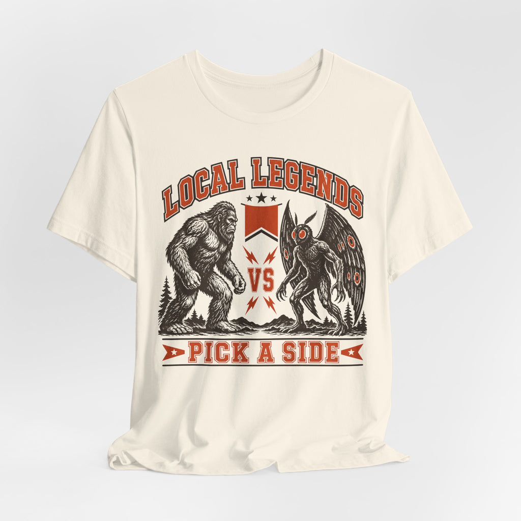 Local Legends Bigfoot vs Mothman Tee in Heather Prism Ice Blue - funny cryptid pick a side shirt, Barely Outdoorsy