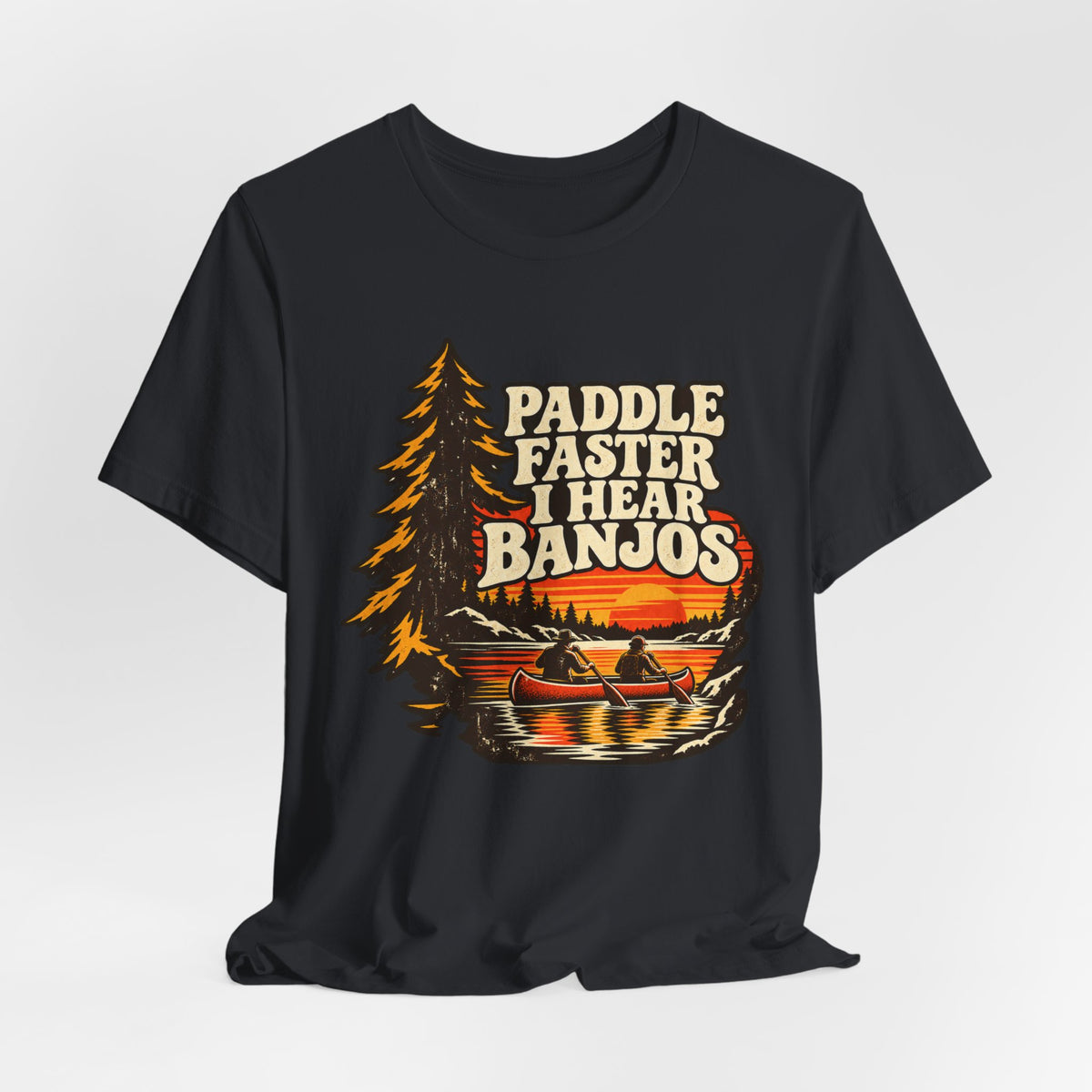 Paddle Faster I Hear Banjos Canoe Tee in White - funny paddle faster banjos humor shirt, Barely Outdoorsy Bella Canvas 3001