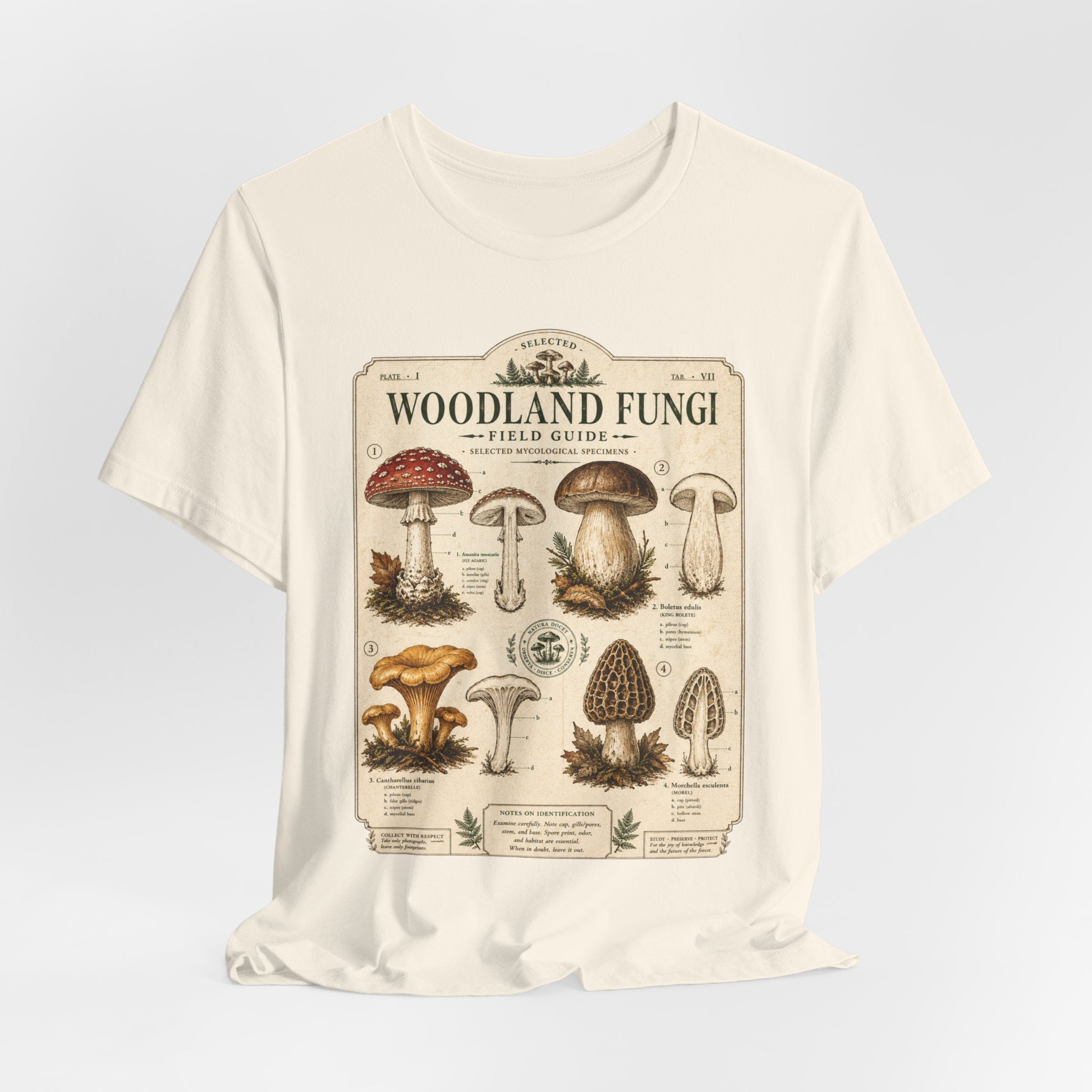 Woodland Fungi Field Guide Tee in Black flat lay - vintage foraging guide unisex crew neck shirt