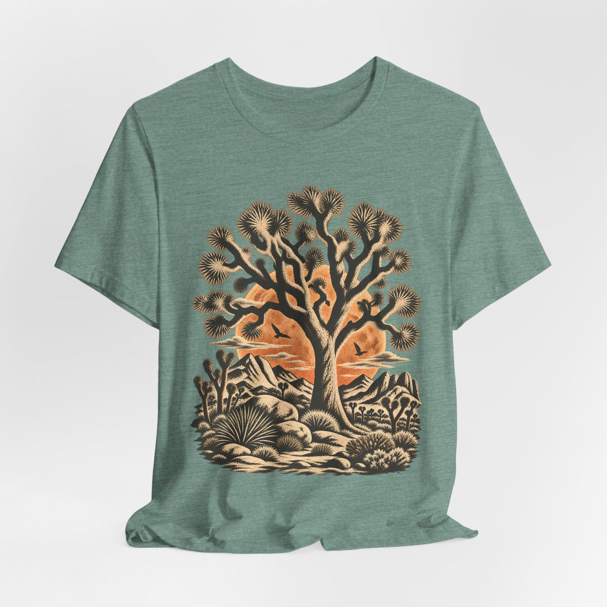 Joshua Tree Desert Sunset Tee in White - Joshua tree desert sunset shirt, Barely Outdoorsy Bella Canvas 3001