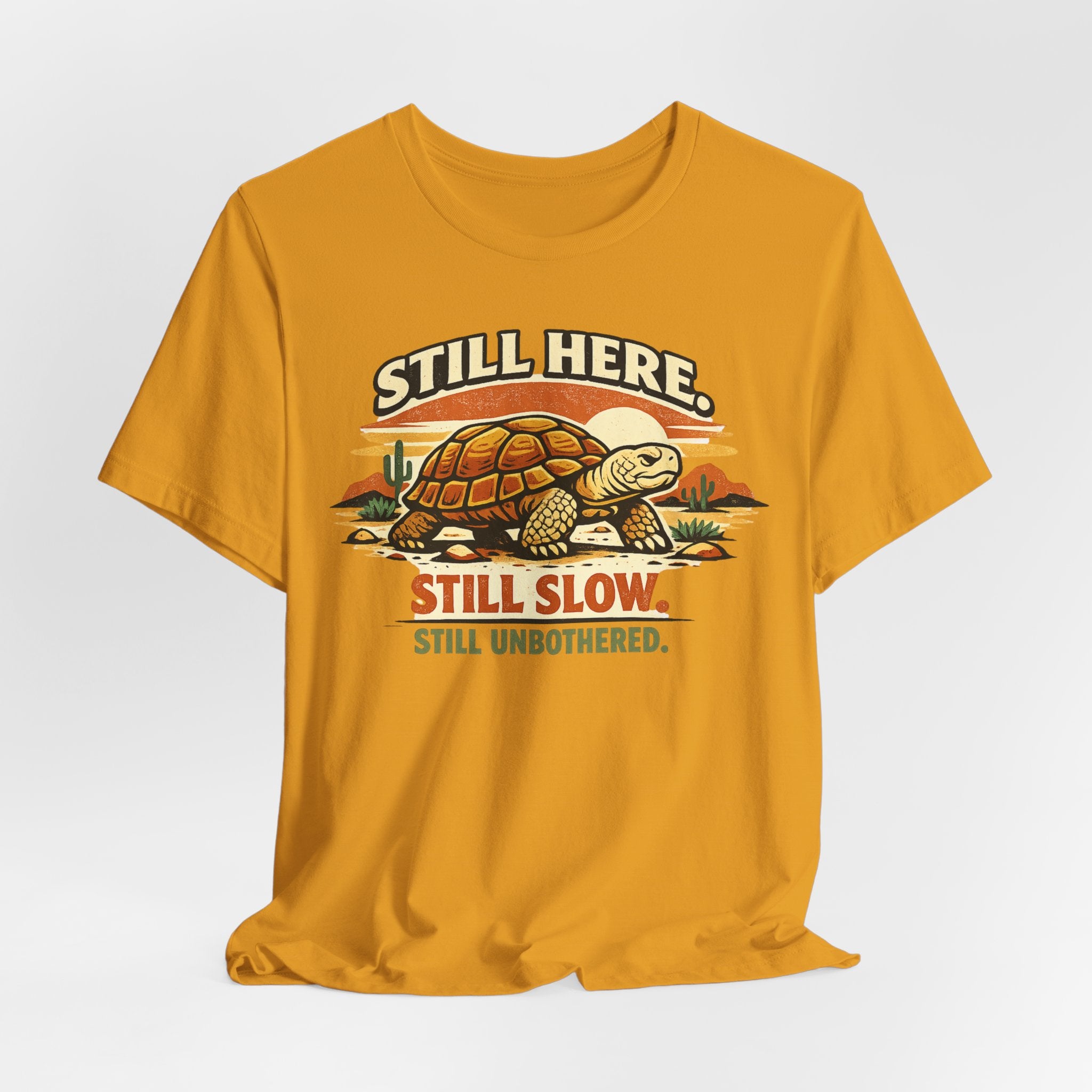 Still Here Still Slow Still Unbothered T-Shirt flat lay Navy - unisex crew neck tortoise graphic tee, Barely Outdoorsy