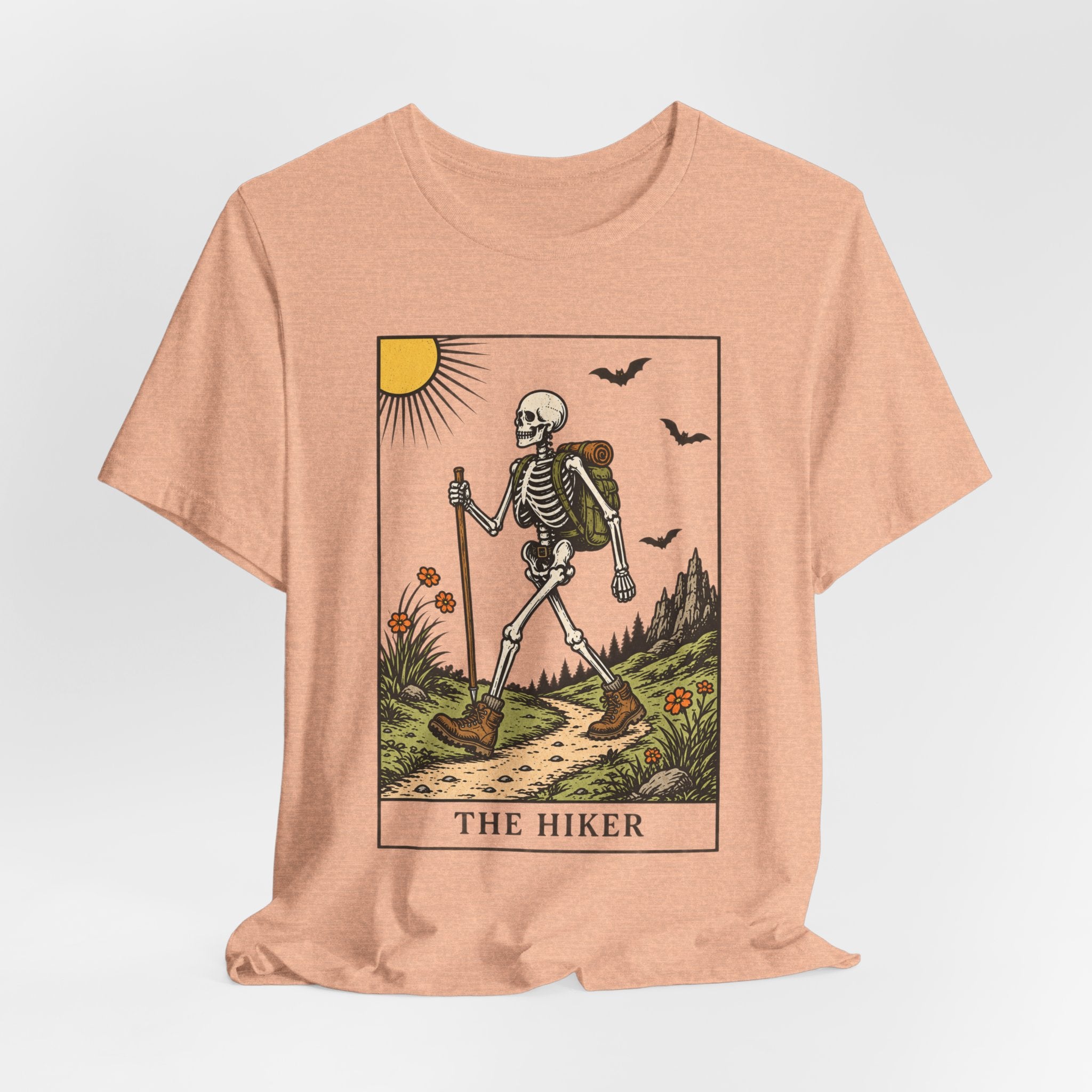 The Hiker Tarot Card T-Shirt in Heather True Royal - funny tarot hiking skeleton graphic tee, Barely Outdoorsy Bella Canvas