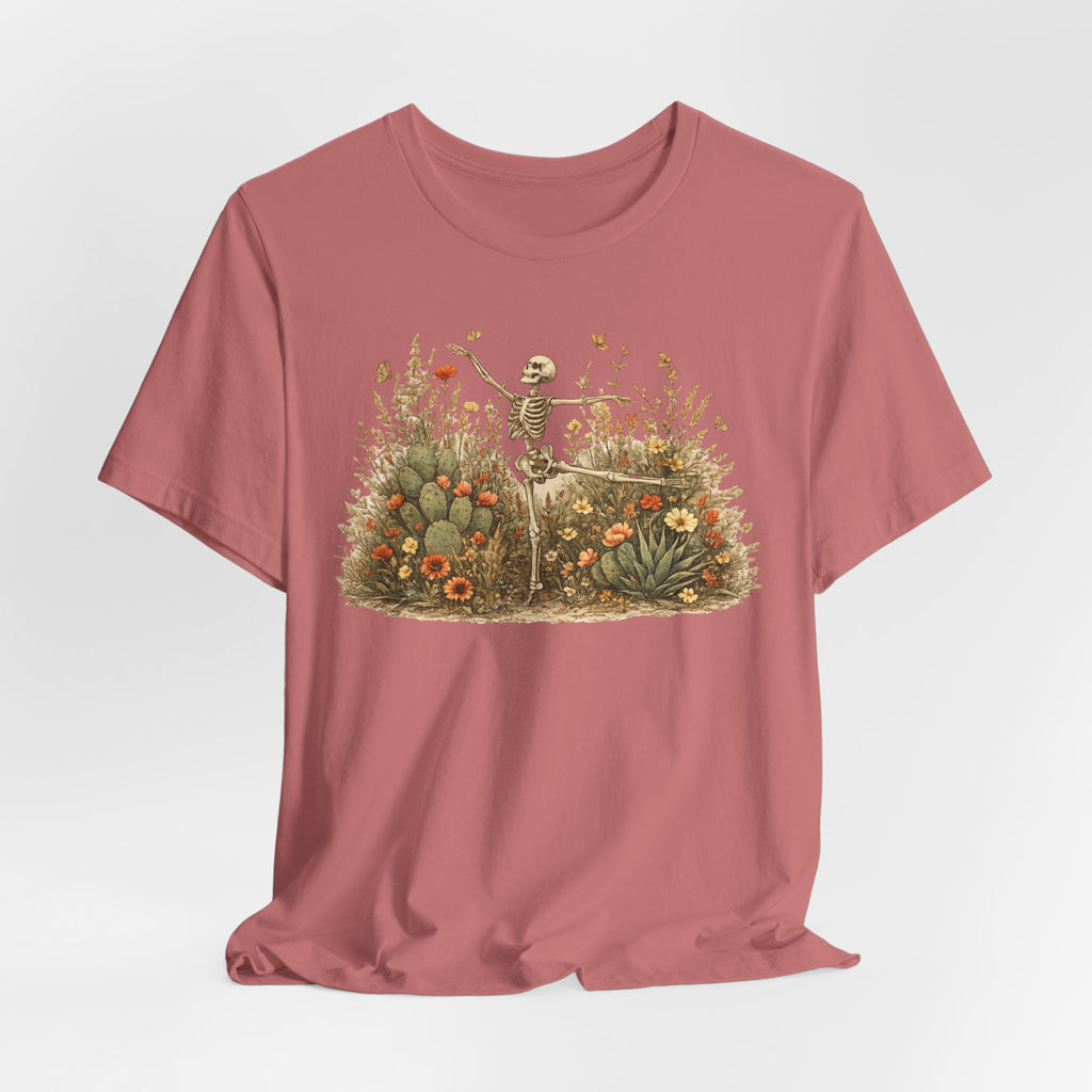 Dancing Skeleton Desert Wildflower Tee in Navy - vintage botanical skeleton Southwest watercolor shirt, Barely Outdoorsy
