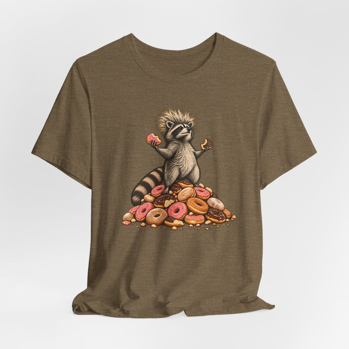 Donut King Raccoon T-Shirt in Heather Peach - funny goblincore donut king raccoon humor graphic tee, Barely Outdoorsy