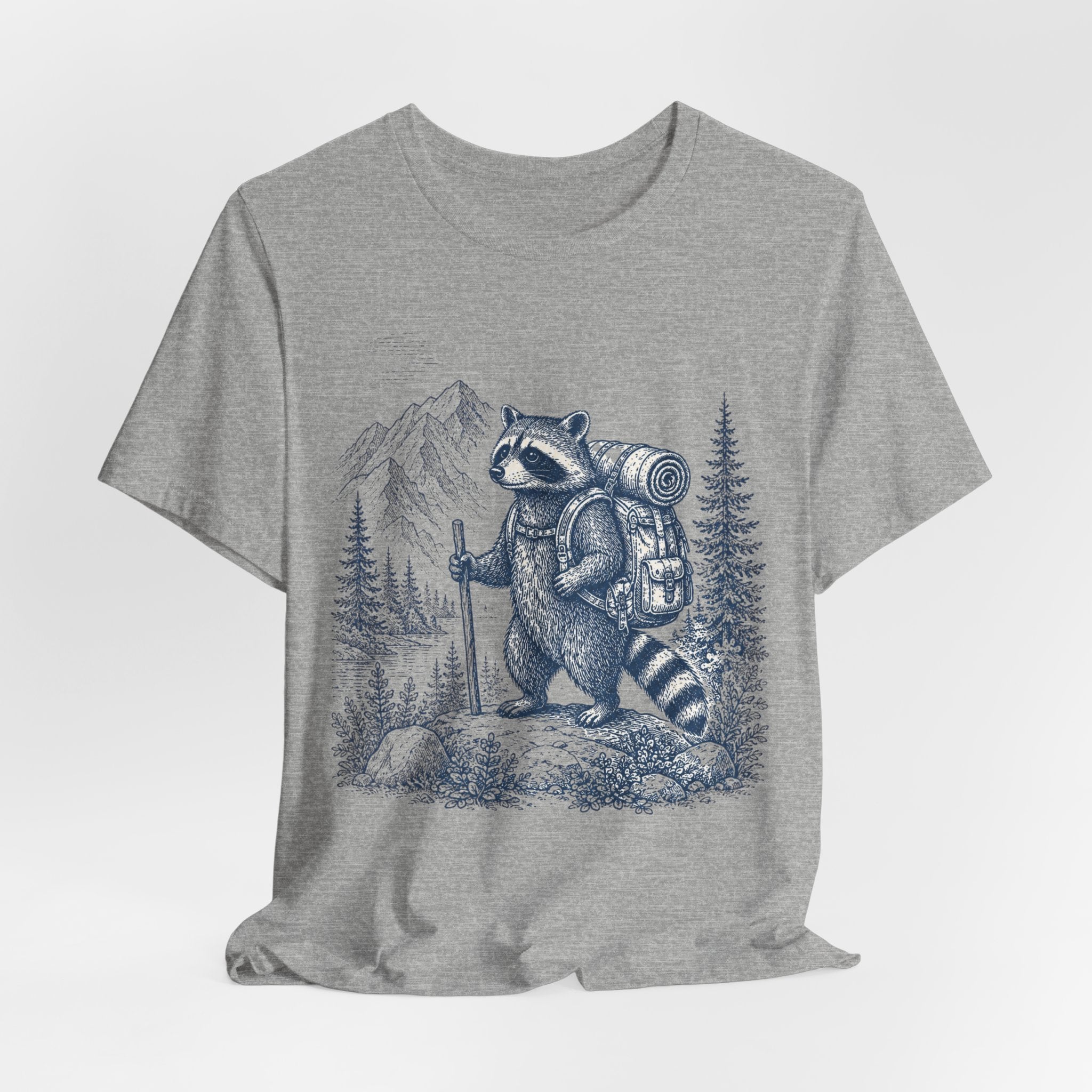 Backpacking Raccoon Hiking T-Shirt in White - funny raccoon hiking backpacking graphic tee, Barely Outdoorsy Bella Canvas