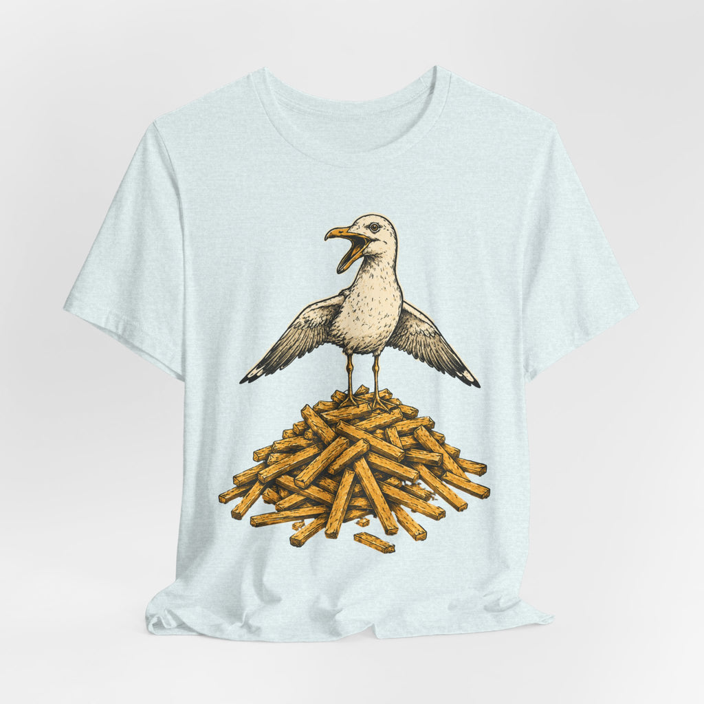 Seagull French Fry Mountain Tee in Heather Peach detail - seagull french fry mountain close-up graphic, Barely Outdoorsy Bella Canvas