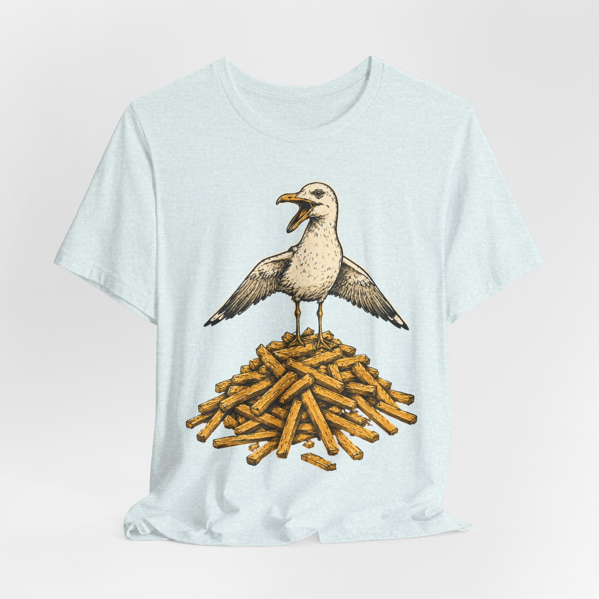 Seagull French Fry Mountain Tee in Heather Peach detail - seagull french fry mountain close-up graphic, Barely Outdoorsy Bella Canvas