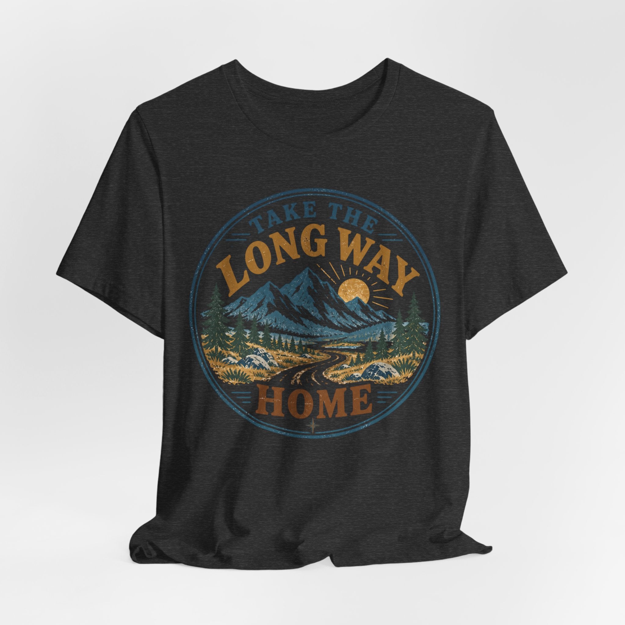 Take The Long Way Home Mountain Tee in Heather Prism Lilac - retro mountain hiking shirt, Barely Outdoorsy Bella Canvas