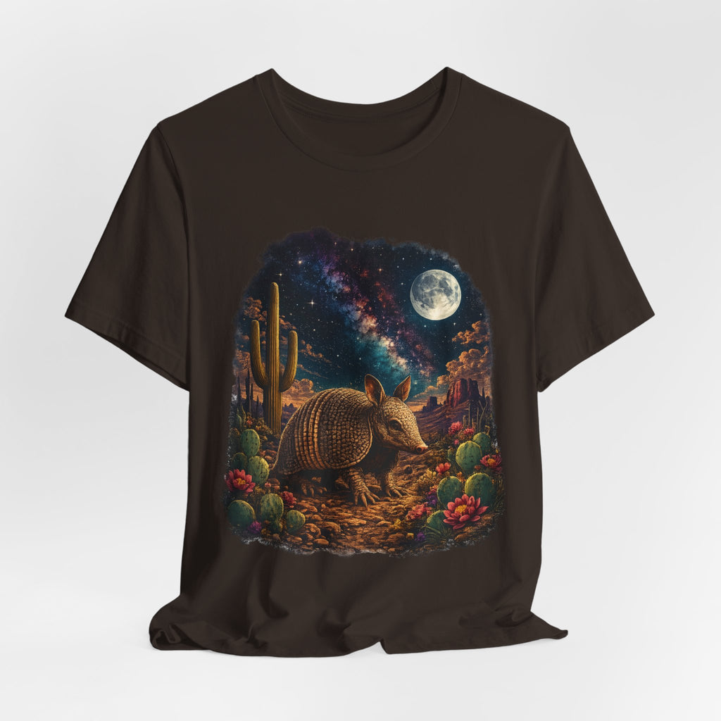 Desert Armadillo Starry Night Tee in Heather Peach - impressionist desert armadillo Milky Way shirt, Barely Outdoorsy Bella Canvas