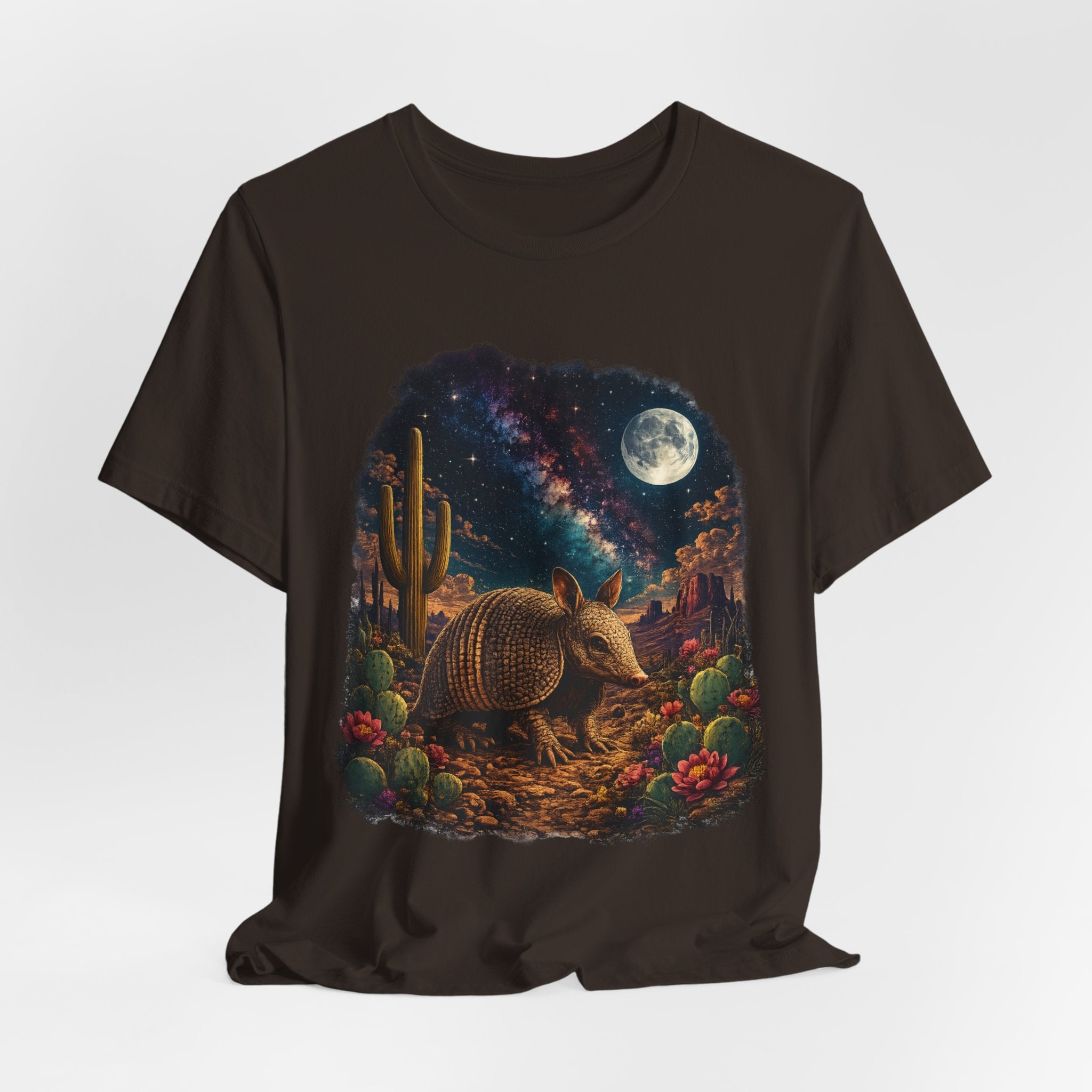Desert Armadillo Starry Night Tee in Heather Peach - impressionist desert armadillo Milky Way shirt, Barely Outdoorsy Bella Canvas