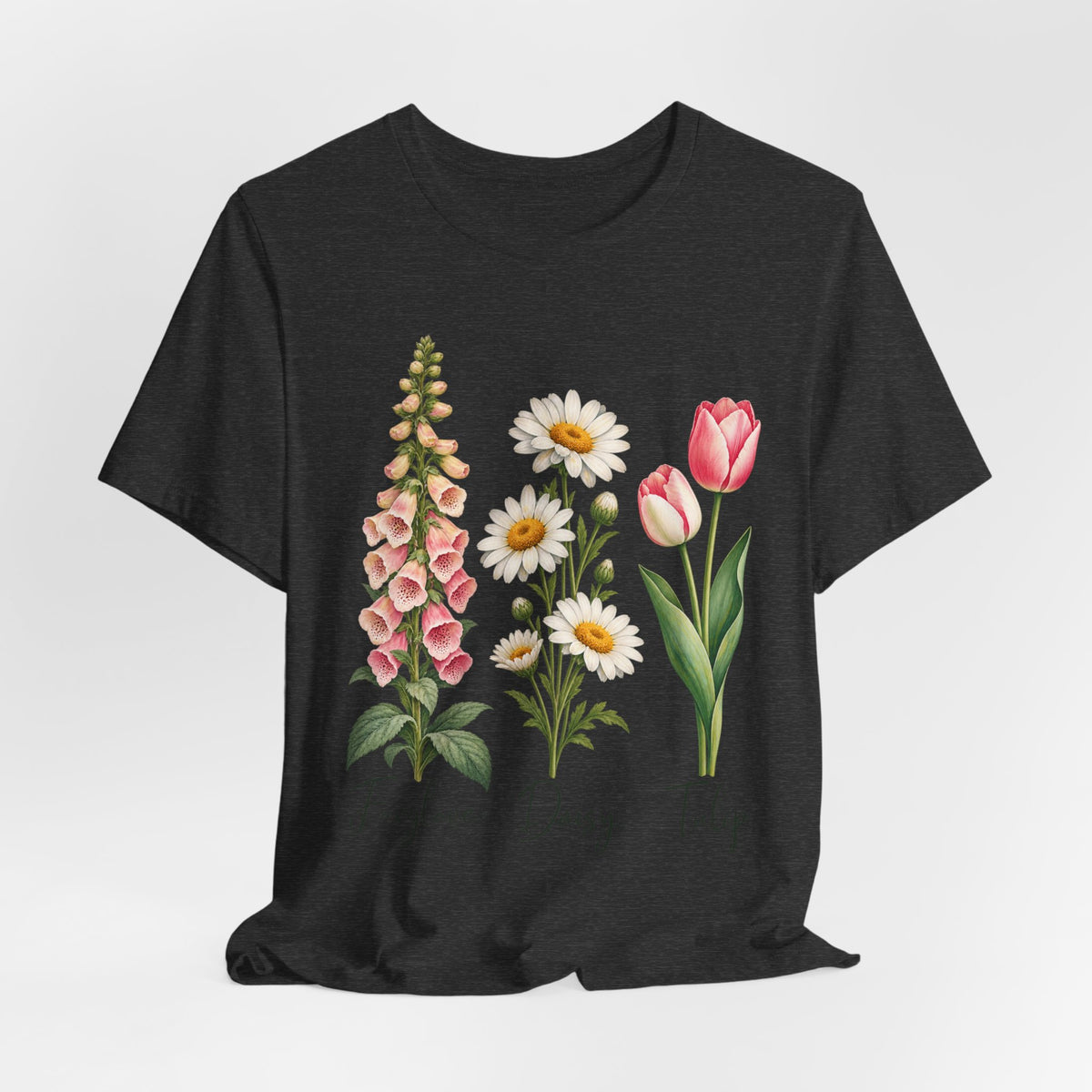 FDT Foxglove Daisy Tulip T-Shirt in Black Heather - funny botanical wildflower FDT foxglove daisy tulip graphic tee, Barely Outdoorsy