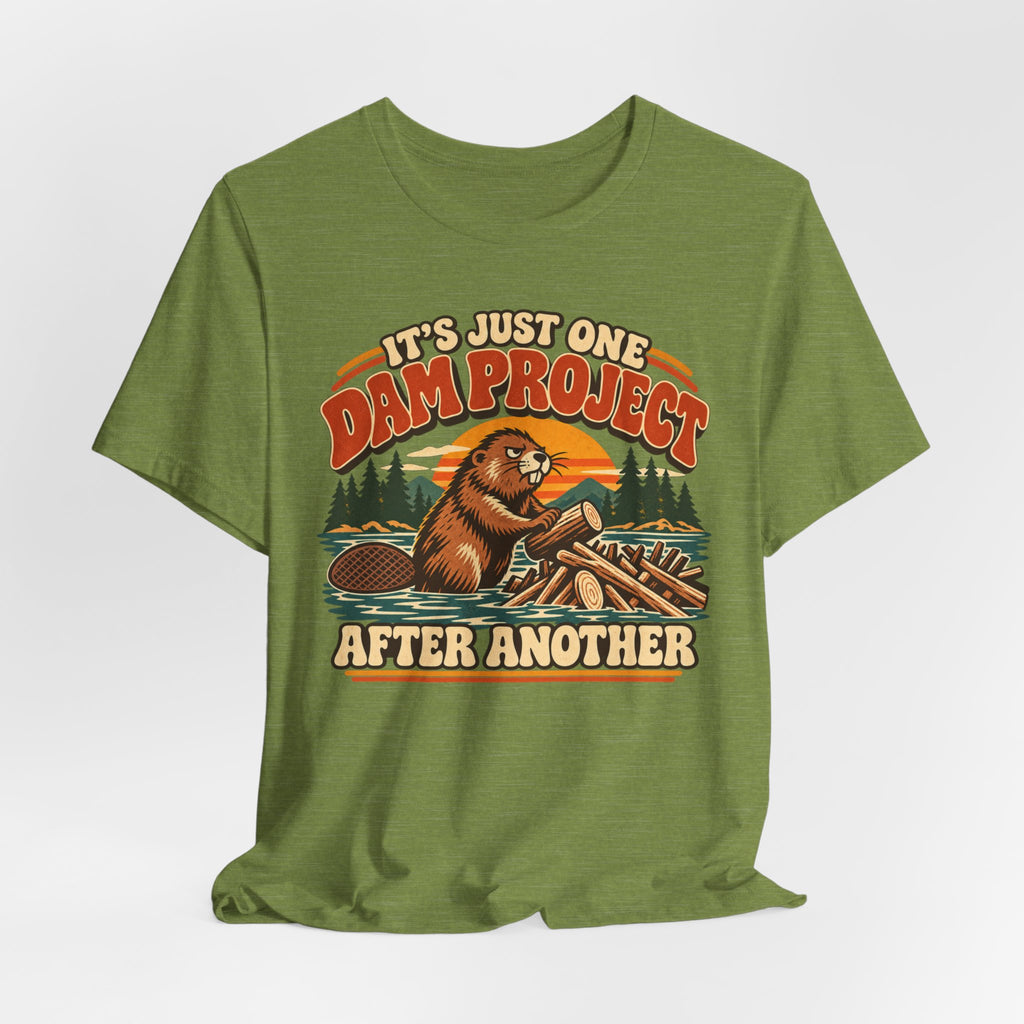 One Dam Project After Another Beaver T-Shirt in White - funny beaver dam project pun humor graphic tee, Barely Outdoorsy