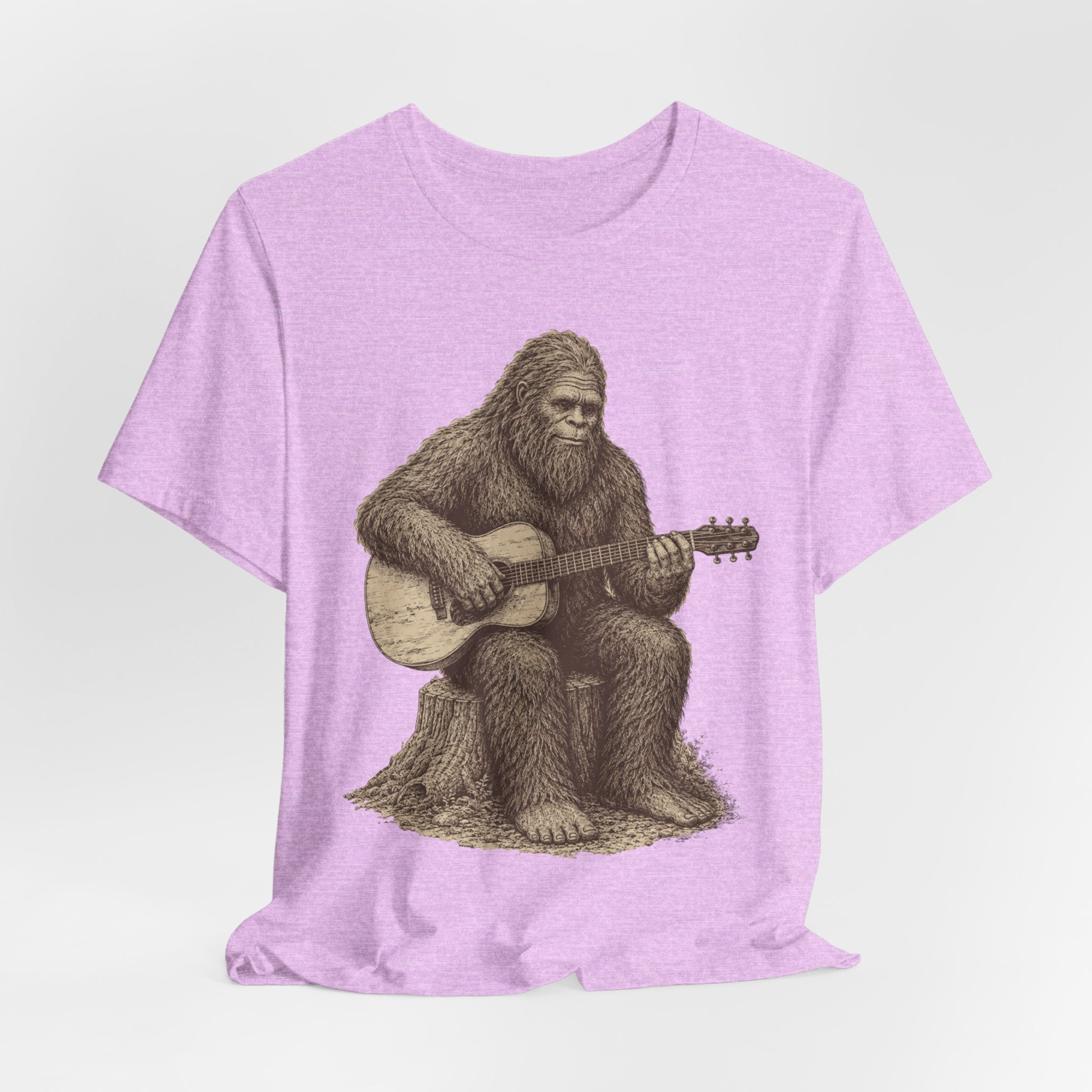 Bigfoot Guitar Tee in Heather Peach - retro engraving Bigfoot guitar nature shirt, Barely Outdoorsy Bella Canvas 3001