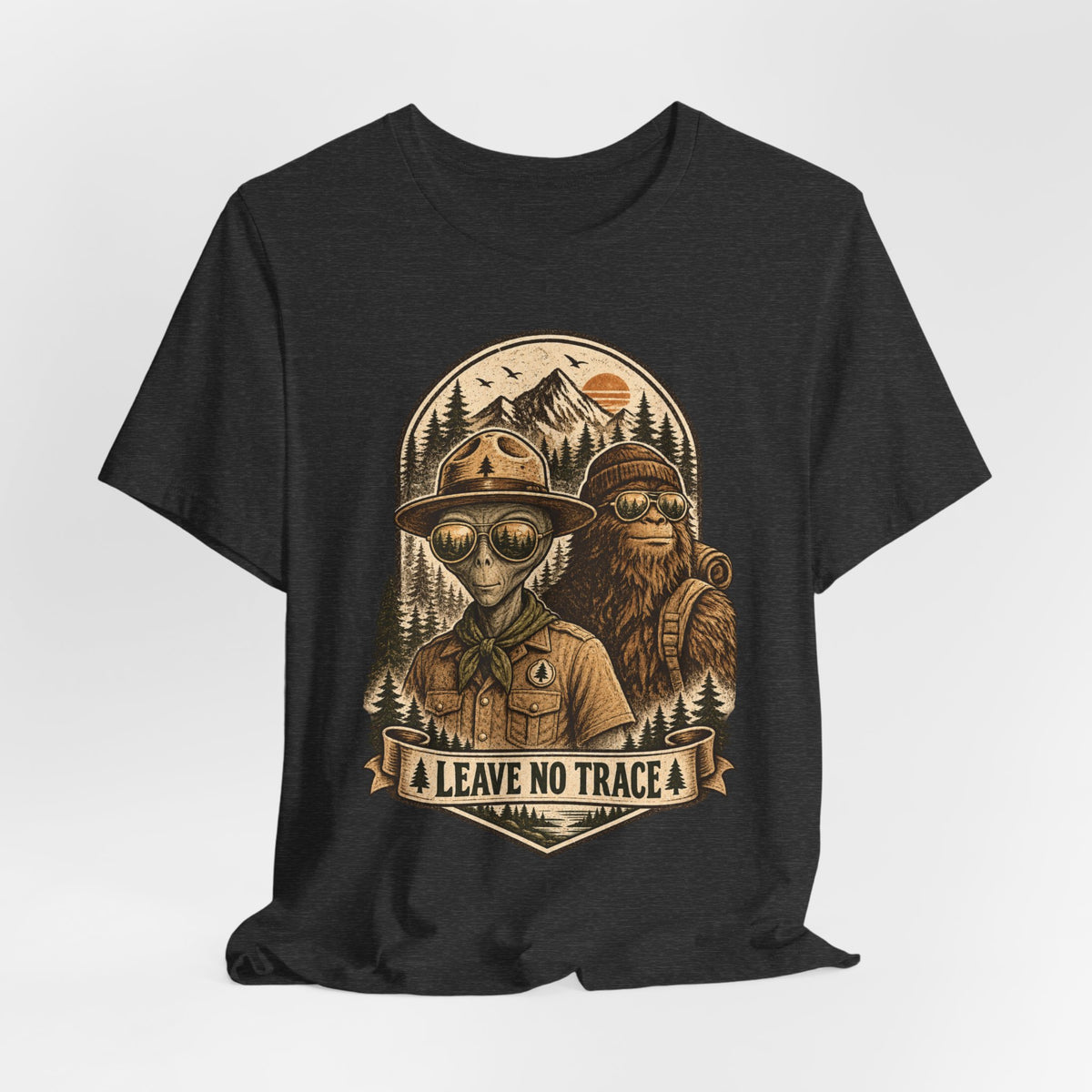 Alien Ranger Bigfoot Tee flat lay Dark Grey Heather - unisex crew neck alien ranger Bigfoot graphic tee, Barely Outdoorsy
