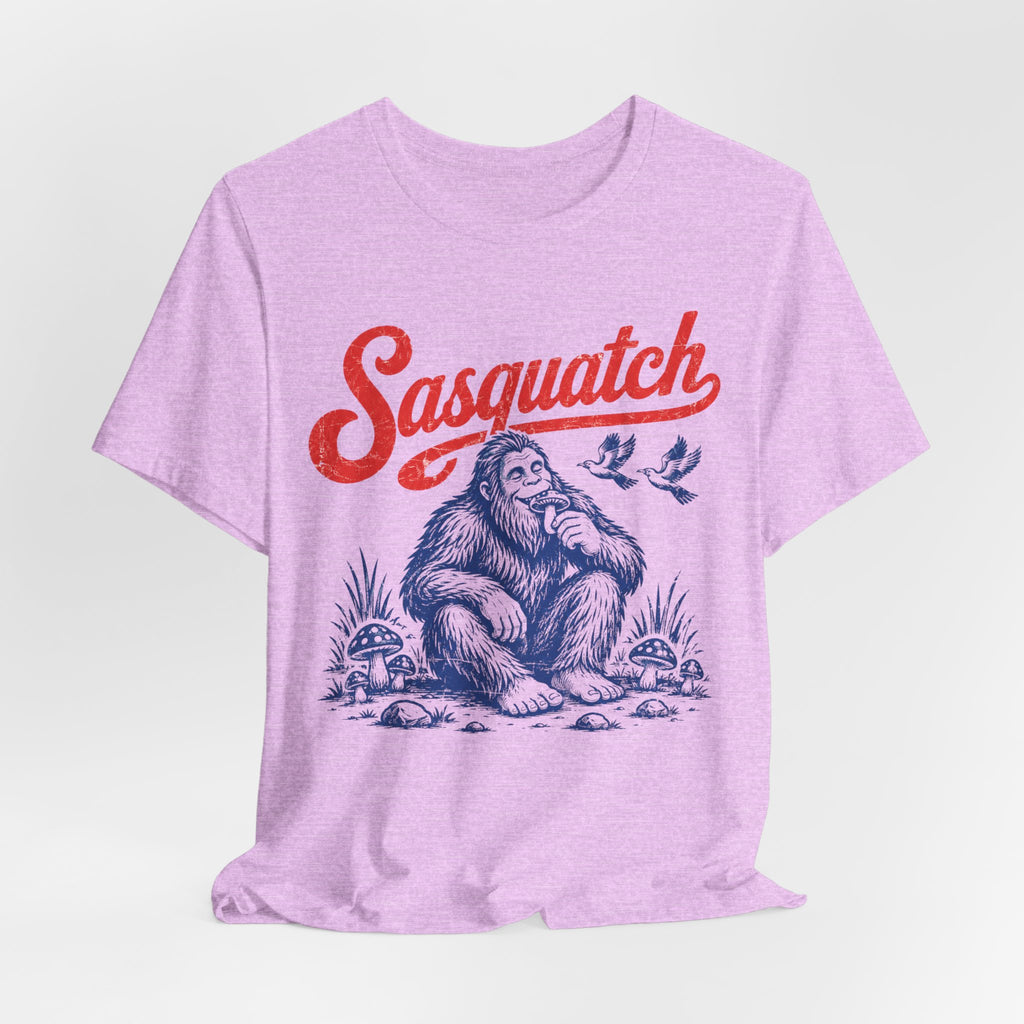 Vintage Sasquatch Woodland Tee in Heather Prism Lilac - retro Sasquatch woodland shirt, Barely Outdoorsy Bella Canvas