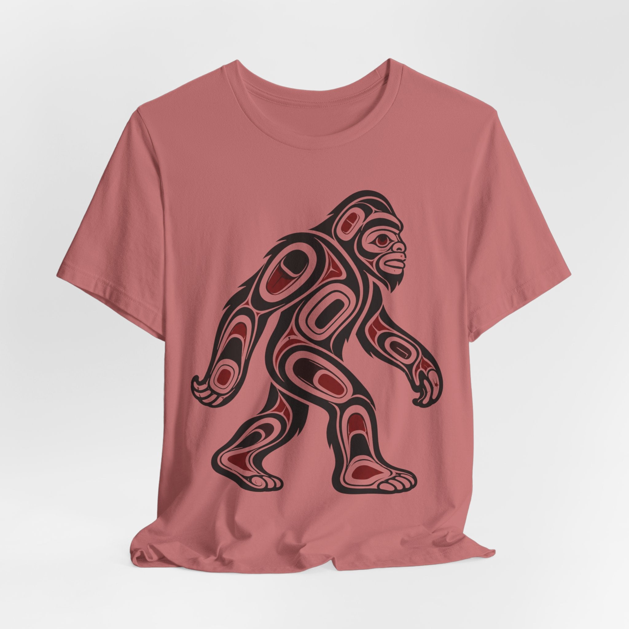 Northwest Tribal Bigfoot Tee in Mauve - formline Sasquatch Northwest Coast shirt, Barely Outdoorsy Bella Canvas 3001