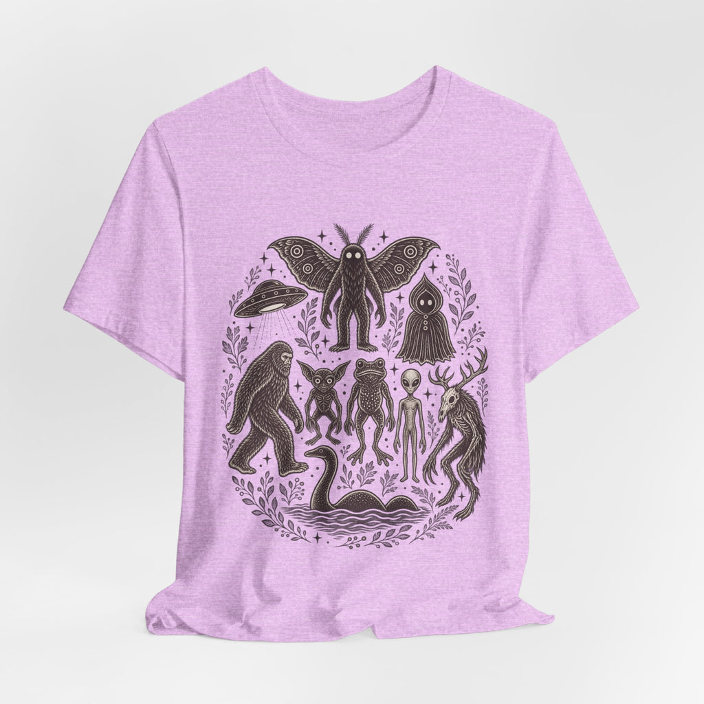 Legendary Cryptid Roster T-Shirt in Heather True Royal detail - cryptid roster lineup close-up graphic