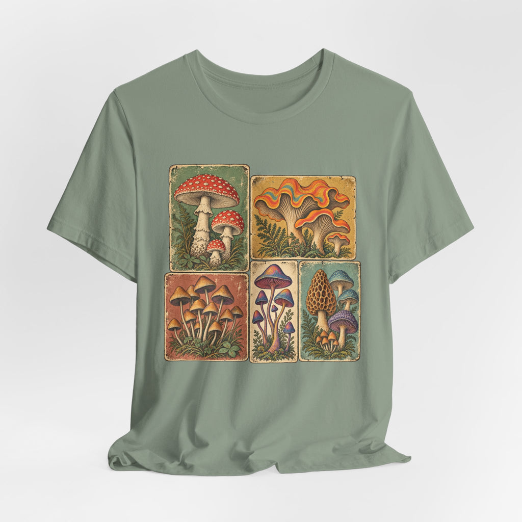Favorite Mushroom Cards T-Shirt in Sage - goblincore psychedelic mushroom card deck fungi graphic tee, Barely Outdoorsy