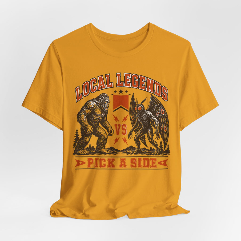 Local Legends Bigfoot vs Mothman T-Shirt in Heather Peach - Sasquatch Mothman rivalry humor graphic tee, Barely Outdoorsy Bella Canvas