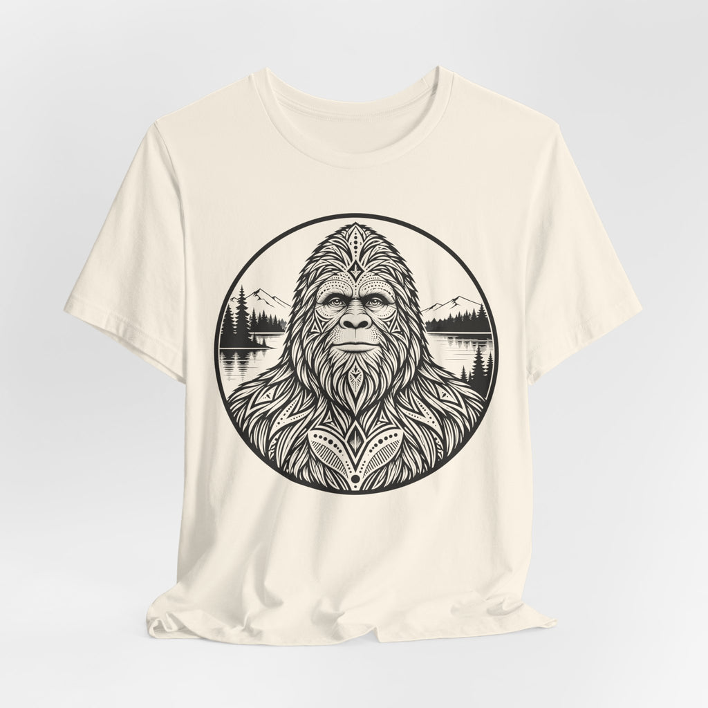 Bigfoot Sacred Geometry Portrait T-Shirt in White - geometric Sasquatch portrait graphic tee, Barely Outdoorsy Bella Canvas