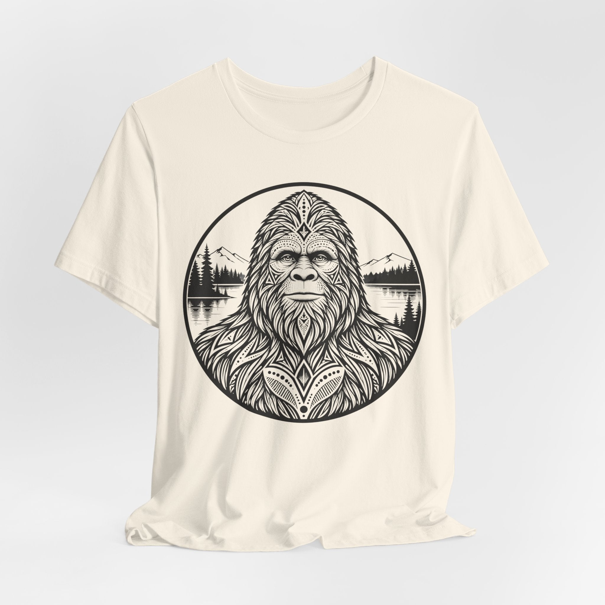 Bigfoot Sacred Geometry Portrait T-Shirt in White - geometric Sasquatch portrait graphic tee, Barely Outdoorsy Bella Canvas
