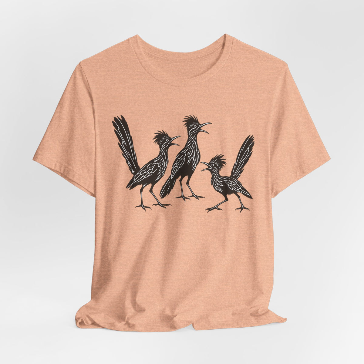 Roadrunner Gossip T-Shirt in Heather Prism Ice Blue - funny Southwest roadrunner graphic tee, Barely Outdoorsy