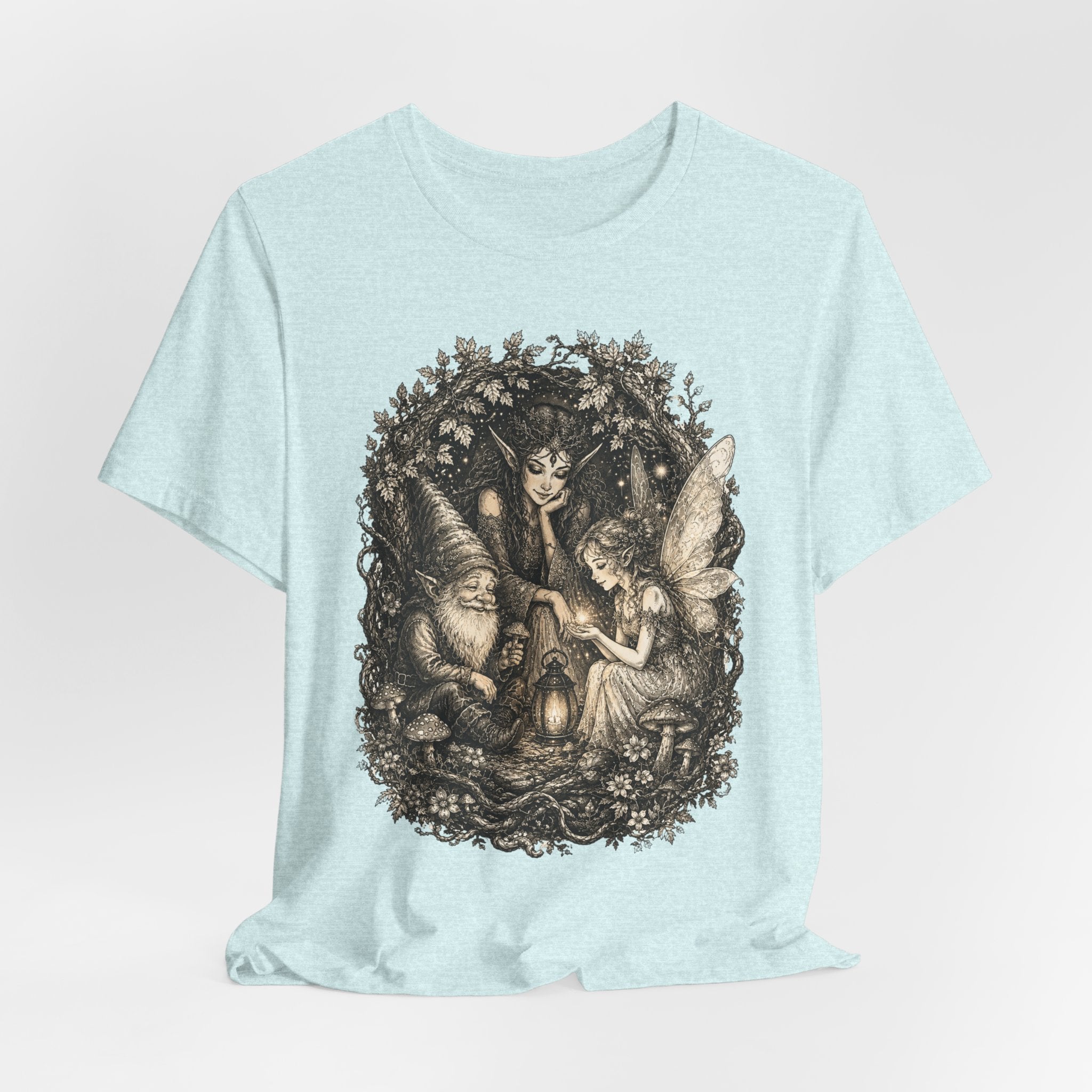 Woodland Gathering T-Shirt in Black Heather - forest creatures gathering lantern graphic tee, Barely Outdoorsy