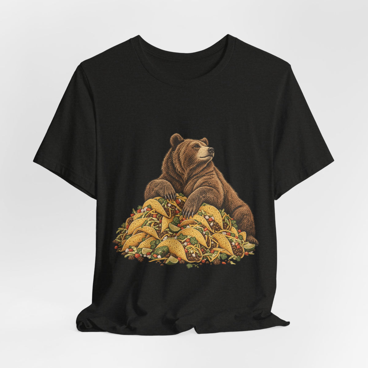 Taco Coma Bear T-Shirt in White - funny taco coma bear food humor graphic tee, Barely Outdoorsy